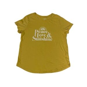 Bold and happy yellow t shirt says Peace Love and Sunshine Size L